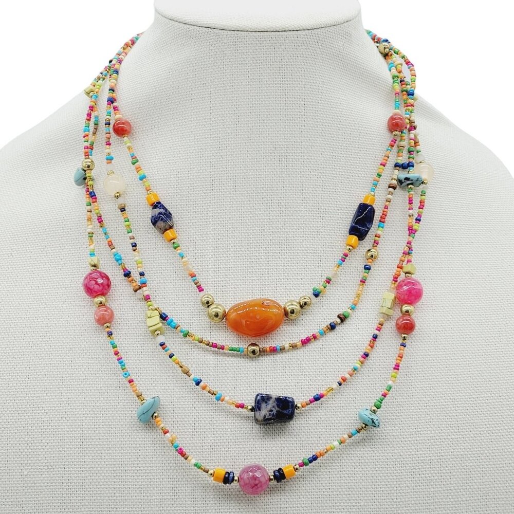 Chico's Multi-Strand Seed Bead Glass & Gemstone Bead Necklace Multi Color